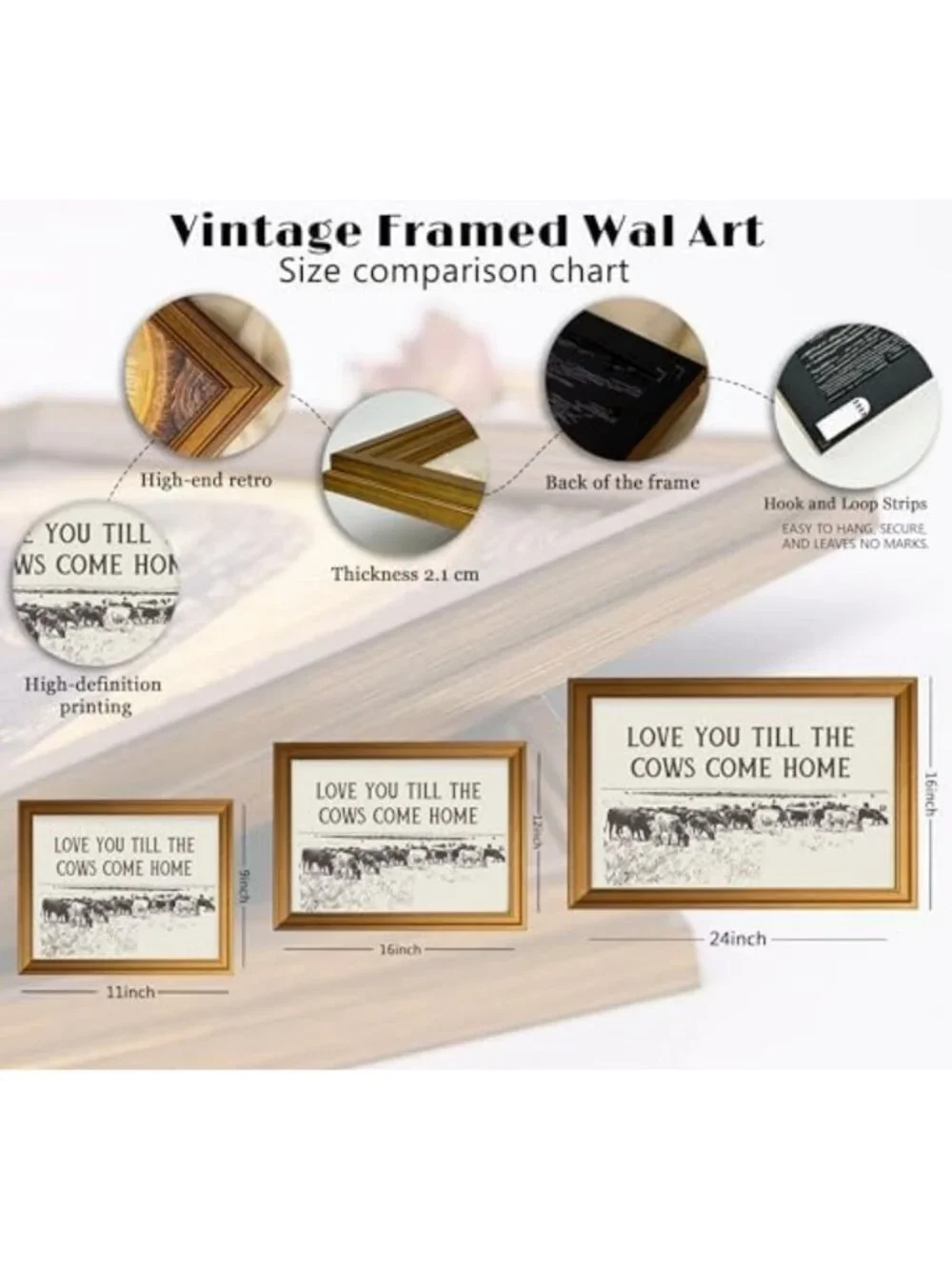Vintage Gold Framed Cow Wall Art - Rustic Western Landscape Canvas Decor 9x11